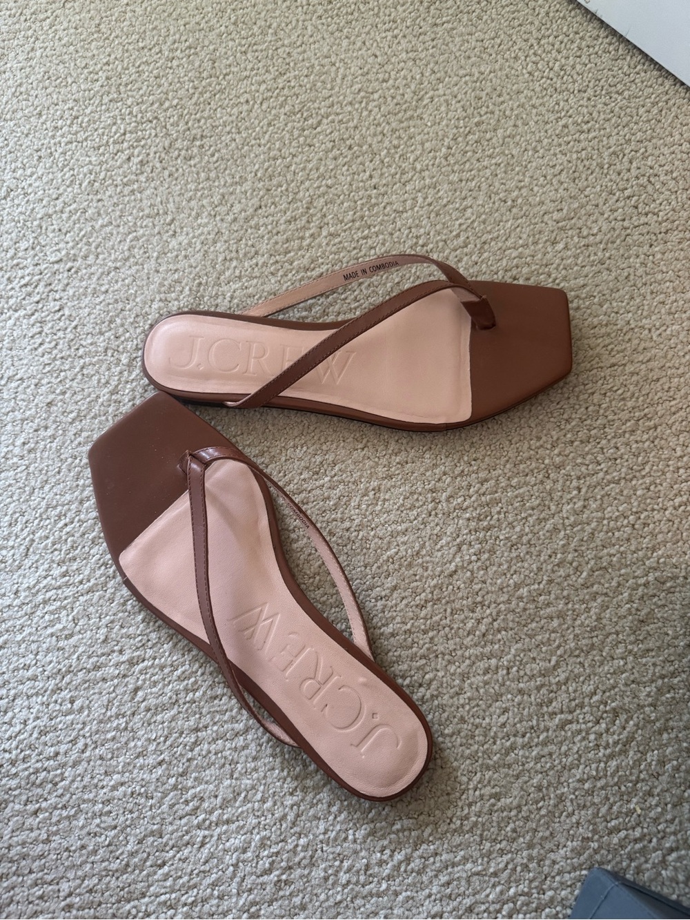 J. Crew Brown Leather Square-Toe Thong Sandals